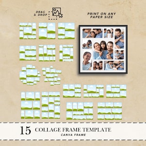 Puede incluir: Una plantilla de marco de collage con 15 opciones de diseño diferentes. La imagen muestra un collage enmarcado con fotos familiares y varias opciones de diseño con gráficos de paisajes verdes y azules. El texto dice "Arrastrar y soltar" e "Imprimir en cualquier tamaño de papel".