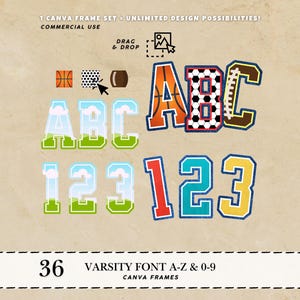 May include: A varsity font set with letters A-Z and numbers 0-9. The letters and numbers have a sports theme, with basketball, soccer ball, and football designs. The image includes the text "1 CANVA FRAME SET - UNLIMITED DESIGN POSSIBILITIES!" and "COMMERCIAL USE".