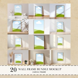 Puede incluir: Maqueta de 20 marcos de pared. Cada marco muestra un paisaje con cielo azul, nube blanca y colinas verdes. Los marcos varían en tamaño y entorno. El texto "20 WALL FRAME BUNDLE MOCKUP" se encuentra en la parte inferior.