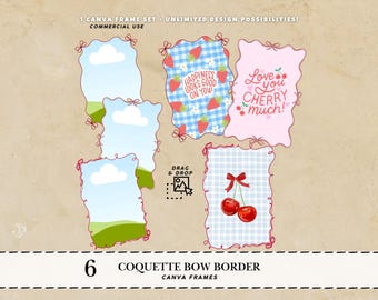 Moldura com laço Coquette para Canva com borda caprichosa. Modelo de moldura Coquette editável para Canva. Moldura com laço Coquette para Canva com borda de fita.