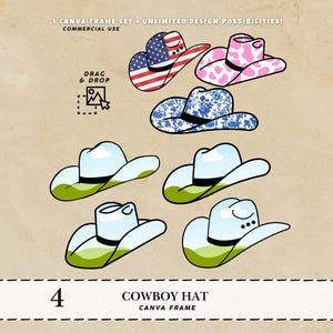 May include: A collection of six cowboy hat designs. The hats feature various patterns, including an American flag, pink cow print, and blue floral. The image includes the text "1 CANVA FRAME SET - UNLIMITED DESIGN POSSIBILITIES! COMMERCIAL USE" and "COWBOY HAT CANVA FRAME".