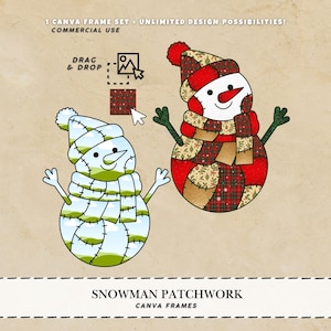 May include: Two snowman designs with patchwork patterns. One is blue and green, the other red and plaid. The image includes the text "1 CANVA FRAME SET - UNLIMITED DESIGN POSSIBILITIES! COMMERCIAL USE" and "SNOWMAN PATCHWORK CANVA FRAMES".