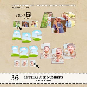 Pode incluir: Um conjunto de molduras Canva digitais com letras e números para fotos. O design inclui as letras A, B e C e os números 1, 2 e 3. O texto diz "36 LETRAS E NÚMEROS MOLDURA CANVA".