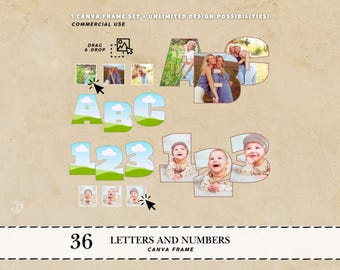 Marco de Canva con letras, marco de Canva con alfabeto, marco de Canva con números, marco de fotos con letras, plantilla de marco de Canva, letra burbuja, Canva con letras PNG, paquete alfa.
