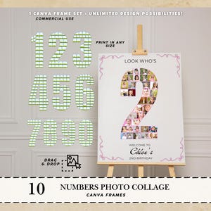 May include: A digital Canva frame set with numbers 1-0 in a green grid design. An easel displays a sign with a photo collage in the shape of the number 2, with the text "Look Who's" and "Welcome to Chloe's 2nd Birthday."