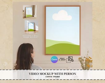 Videomockup met video's Canva-videolisting Videoframemodel met persoon videomockupposter Verticale lijst videomodel Canva-video