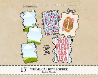 Handdrawn Whimsical Bow Canva Frame template Whimsical Wavy border Handdrawn border Canva frames bundle Ribbons Coquette bow frame SVG