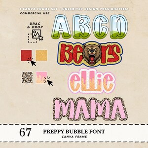 May include: A digital design set featuring preppy bubble fonts. The image includes the words "ABCD", "Bears", "Ellie", and "Mama" in various styles. The design set is for commercial use and includes drag and drop functionality.