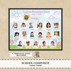 May include: A school composite template with a blue sky background, featuring student photos, a teacher's photo, and the text "Sunshine Elementary School." The design includes a sun, clouds, and flowers. The text "Class of 20XX" and "Ms. Monica" are also visible.