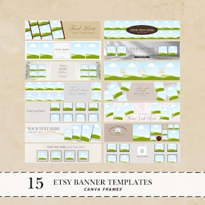 May include: An image showcasing 15 Etsy banner templates with various designs. Each template features a landscape scene with blue skies, green hills, and space for text. The phrase "Your Text Here" is visible in several designs. The text "15 Etsy Banner Templates Canva Frames" is also present.