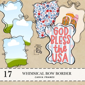 Handdrawn Whimsical Bow Canva Frame template Whimsical Wavy border Handdrawn border Canva frames bundle Ribbons Coquette bow frame SVG