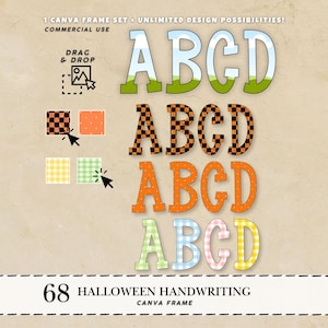 Puede incluir: Un conjunto de marcos digitales de Canva que muestra las letras ABCD en cuatro estilos distintos: un patrón de cielo y hierba, un tablero de ajedrez negro y naranja, un naranja sólido con puntos blancos y un patrón de cuadros vichy claros.