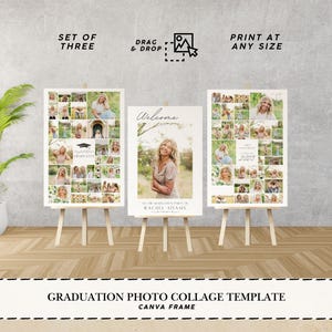Puede incluir: Tres plantillas de collage de fotos de graduación sobre caballetes de madera. Cada una presenta un collage de fotos, con una que muestra "Welcome" y el nombre del graduado. El texto "Print at Any Size" también es visible.