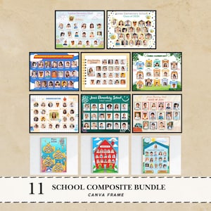 Peut inclure: Une collection de onze modèles de compositions scolaires présentant divers designs, thèmes et mises en page colorés pour les portraits d'élèves. Chaque cadre rectangulaire comprend des emplacements pour des photos individuelles, les noms des écoles et les années scolaires, intitulés 11 School Composite Bundle Canva Frame.