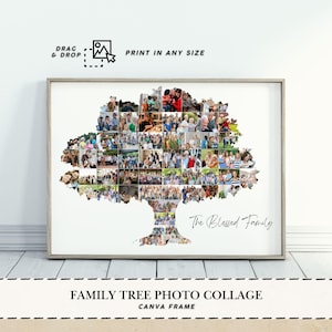 May include: A framed family tree photo collage. The tree shape is filled with numerous family photos. The text "The Blessed Family" is written in cursive. The words "DRAG & DROP" and "PRINT IN ANY SIZE" are also visible.