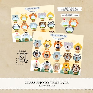 May include: Class photo template with animal-themed frames. The template includes spaces for photos and the text "School Name" and "Class of 20XX". The design features a "Drag & Drop" icon and the text "Print on 4 Template Size".