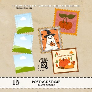 May include: A collection of 15 postage stamp Canva frames with various designs. The stamps feature illustrations of pumpkins, a ghost in a witch hat, and cherries. Text includes "Pumpkin Spice" and "Drag & Drop".