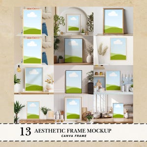 Könnte beinhalten: Ästhetische Rahmen-Mockups mit gerahmten Kunstdrucken mit einem Landschaftsdesign aus blauem Himmel, weißer Wolke und grünen Hügeln. Das Bild enthält 13 verschiedene Rahmenstile in verschiedenen Umgebungen. Der Text unten lautet "13 AESTHETIC FRAME MOCKUP CANVA FRAME."