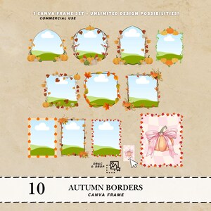 May include: A set of 10 autumn-themed Canva frame borders. Each frame features a blue sky, green grass, and decorative elements like pumpkins and fall leaves. The text reads "10 Autumn Borders Canva Frame".