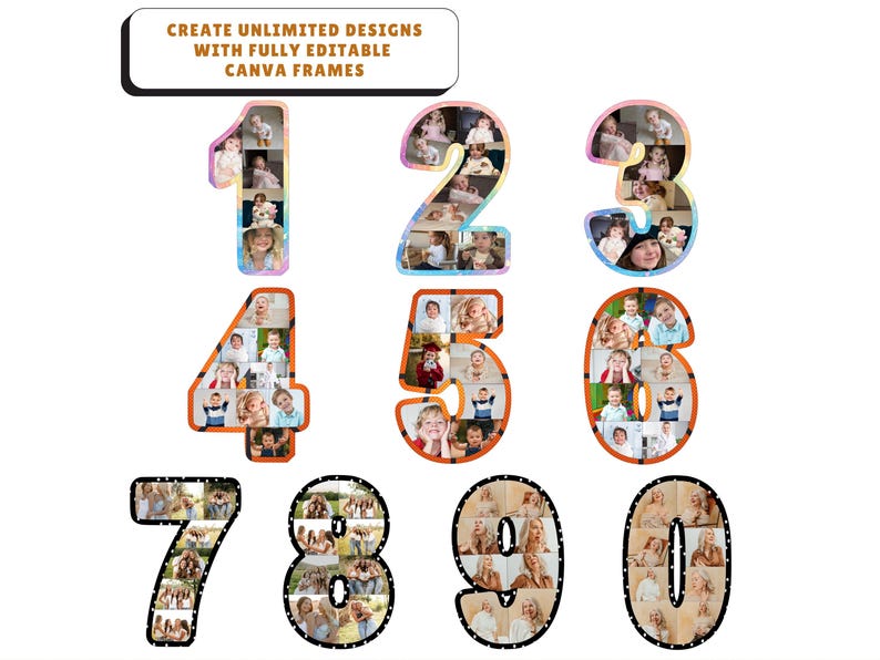 Create meaningful memories with this Number Photo Collage Canva Frames template. This editable photo collage template Canva design lets you easily add photos into number shapes to create a unique birthday collage photo numbers display. Perfect for milestone birthdays, anniversaries, and special celebrations, this Canva anniversary photo collage gift template is simple to customize and ideal for party décor, keepsake posters, and personalized digital designs.