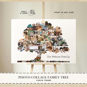 Könnte beinhalten: Ein weißer Leinwanddruck mit einer Familienstammbaum-Collage, die aus zahlreichen Fotos besteht. Die Baumform ist mit Familienfotos gefüllt. Der Text "The Watson Family" befindet sich unter dem Baum. Die Wörter "PHOTO COLLAGE FAMILY TREE" und "CANVA FRAME" sind ebenfalls sichtbar.