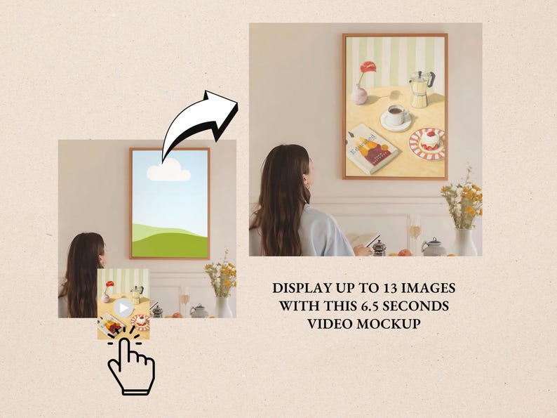Enhance your shop with this Video Mockup Listing bundle, perfect for creating high-impact listing videos. Featuring a Canva video listing format and video frame mockup with person, this set brings your artwork to life. Includes realistic video mockups poster scenes, a vertical frame video mockup, and easy-to-use Canva video templates—ideal for promoting prints, posters, or digital designs in a modern and engaging way.