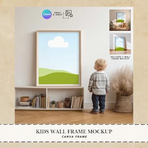 Könnte beinhalten: Ein gerahmter Wandkunst-Mockup mit blauem Himmel, weißer Wolke und grünen Hügeln. Das Bild zeigt ein Kind, ein Regal mit Büchern und eine dekorative Pflanze. Der Text lautet "KIDS WALL FRAME MOCKUP" und "CANVA FRAME".