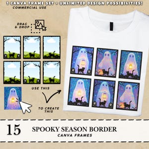 Op de afbeelding: Een wit t-shirt met een Halloween-thema. Het ontwerp bevat illustraties van geesten, zwarte katten en grafstenen in kaders. De tekst luidt "15 Spooky Season Border Canva Frames".