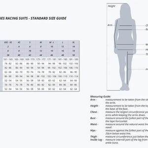 K&ouml;nnte beinhalten: Eine Gr&ouml;&szlig;entabelle f&uuml;r Damen-Rennanz&uuml;ge mit Ma&szlig;en in Zentimetern f&uuml;r K&ouml;rpergr&ouml;&szlig;e, Brustumfang, Oberweite, Taille, H&uuml;fte, Oberschenkel, Innenbeinl&auml;nge und Arml&auml;nge.