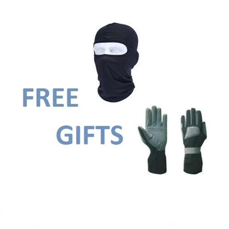 K&ouml;nnte beinhalten: Schwarze Sturmhaube mit einem wei&szlig;en Augenloch und zwei Paar schwarzen Handschuhen. Der Text "FREE GIFTS" ist auf wei&szlig;em Hintergrund gedruckt.