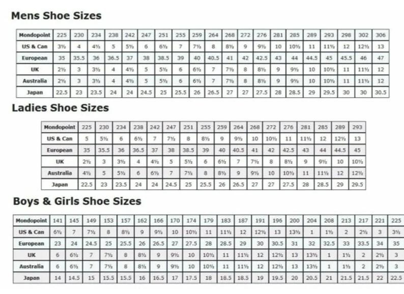 K&ouml;nnte beinhalten: Eine Tabelle mit Schuhgr&ouml;&szlig;enumrechnungen f&uuml;r M&auml;nner, Frauen und Kinder. Die Tabelle enth&auml;lt Mondopoint-, US & Can-, europ&auml;ische, britische, australische und japanische Gr&ouml;&szlig;en.