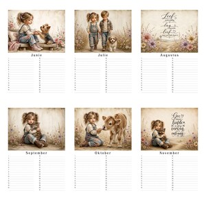 May include: A six-month wall calendar page featuring illustrations of children with animals, including a dog, a calf, and a cat, set against floral backgrounds. Each month section includes a numbered list from 1 to 31 for daily notes and scheduling.