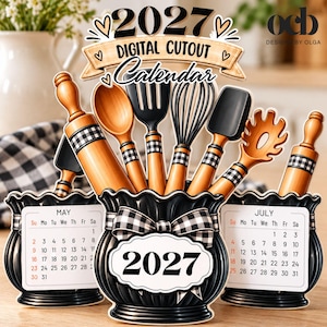 May include: A 2027 digital cutout calendar featuring a black container decorated with a black and white checkered bow. The container holds wooden kitchen utensils including a rolling pin, spoon, spatula, whisk, and pasta server.