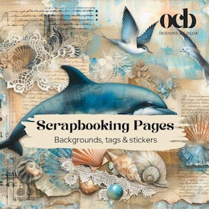 Scrapbooking, papier pour scrapbooking, thème dauphins, arrière-plans, autocollants et étiquettes, images numériques, fabrication de cartes, journaux indésirables.