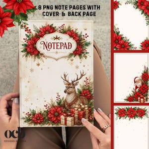 Christmas Poinsettia Notepad Pages PNG Bundle | Printable Holiday Stationery | 6 Notepad Pages + Cover | Floral Christmas Writing Paper