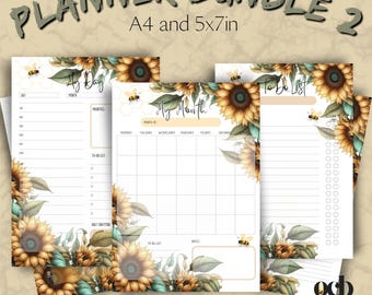 May include: A planner bundle with the text "PLANNER BUNDLE 2" and "A4 and 5x7in". The planner pages include "My Day", "My Month", "My Week", "Meal Planner", and "Do do list". The pages are decorated with sunflowers and bees.