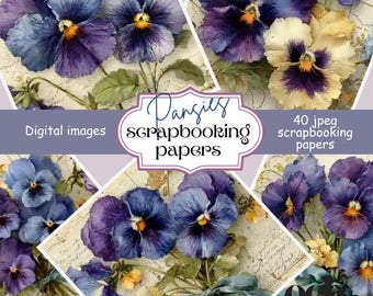 Papiers de scrapbooking vintage Pensées violettes | 40 dessins numériques à l'aquarelle pour un journal indésirable, des travaux manuels et des projets artistiques