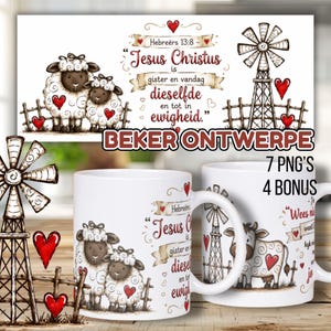 May include: Two white ceramic mugs featuring a farm-themed design with two sheep, a windmill, and red hearts. The text reads: Hebreers 13:8 - Jesus Christus is gister en vandag dieselfde en tot in ewigheid. The mugs also display the text BEKER ONTWERPE.