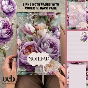 May include: A floral notepad with a cover featuring purple and pink roses. The word "NOTEPAD" is in a white oval. The image also shows the text "8 PNG NOTE PAGES WITH COVER & BACK PAGE" and the designer's logo.