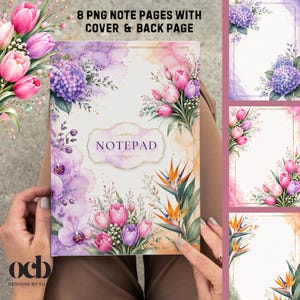 May include: A digital notepad cover design featuring watercolor floral illustrations of purple hydrangeas, pink tulips, and orange bird of paradise flowers on a light background with the text NOTEPAD centered in a decorative gold-outlined frame.