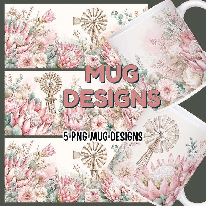 Watercolor Protea & Windpomp Mug Designs | Pink Hues | 5 PNG Digital ...