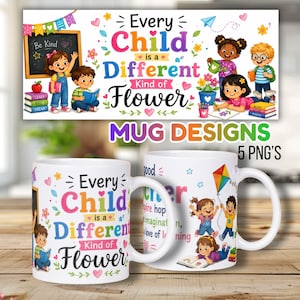 Op de afbeelding: Twee witte keramische mokken met kleurrijke illustraties van kinderen, boeken en bloemen. De tekst luidt Every Child is a Different Kind of Flower. Het ontwerp bevat een schoolbord, een vlieger en diverse schoolspullen in een helder kleurenpalet.