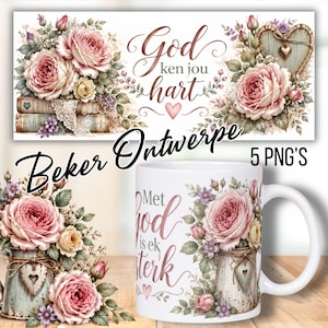 May include: A white ceramic mug featuring a floral design with pink roses, a heart-shaped ornament, and the text 'Met God is ek sterk'. The design includes a stack of vintage books and a rustic pitcher, with the text 'God ken jou hart' above.