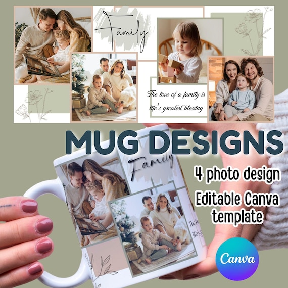 11oz Mug Template: 4-Photo Collage, Editable Canva Design