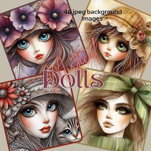 Mystische Puppen, süße Puppen, digitales Papier, Gesichter mit Blumen, Dame mit Hut, für Scrapbooking, Kunsthandwerk oder was Sie sich wünschen.