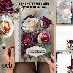 May include: A notepad with a floral design featuring roses in shades of red, white, and cream. The cover has the word "NOTEPAD" and a decorative lace border. The image also shows sample lined pages and the text "8 PNG NOTE PAGES WITH COVER & BACK PAGE".