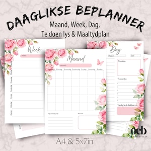以下が含まれることがあります： 「DAAGLIKSE BEPLANNER」と「Maand, Week, Dag, Te doen lys & Maaltydplan」のテキストが入った、花柄のプランナーのセット。プランナーには、月間、週間、日間のレイアウトがあり、ピンクのバラと蝶で飾られています。A4と5x7インチのサイズがあります。