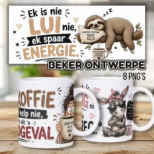 Komiese Bekers | 8 Afrikaanse PNG Beker Ontwerpe | Snaakse Gesegdesa | Pakiet opakowań na kubki Sublimasie | Digitale Aflaai