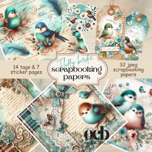 Papiers de scrapbooking, oiseau duveteux, bleu sarcelle, marron et beige, images aquarelles, papier de fond, autocollants et étiquettes.