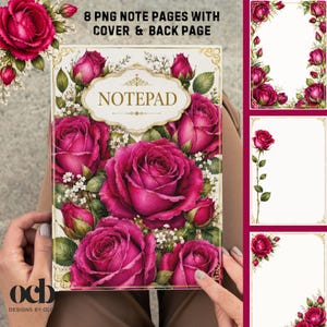 May include: A set of 8 PNG note pages featuring a notepad cover and back page. The design displays vibrant magenta roses with green leaves and small white flowers on a cream background. The central label reads NOTEPAD in gold text.